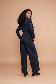 Midnight Denim Long-Sleeve Jumpsuit