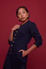 Midnight Denim Long-Sleeve Jumpsuit