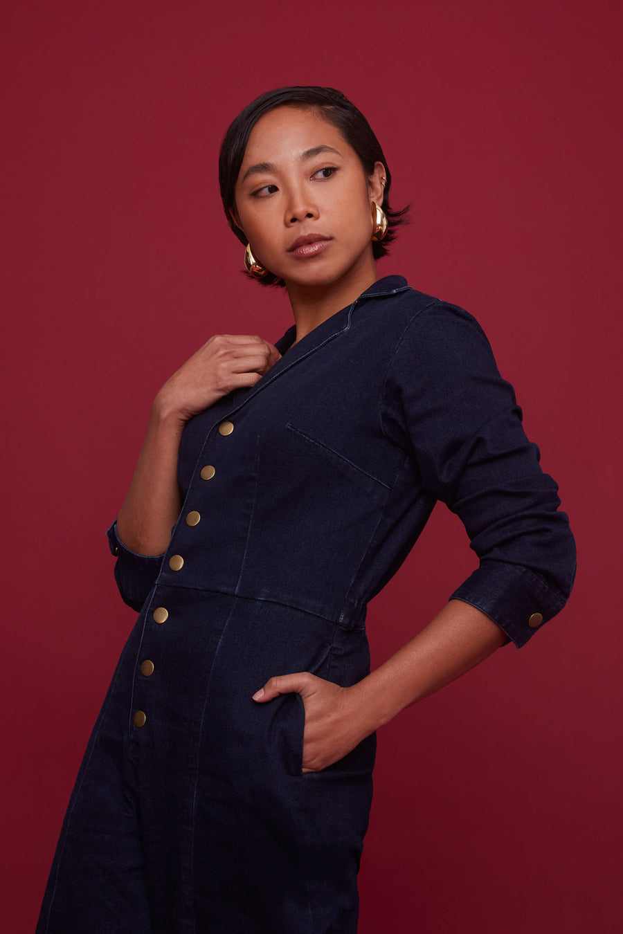Midnight Denim Long-Sleeve Jumpsuit