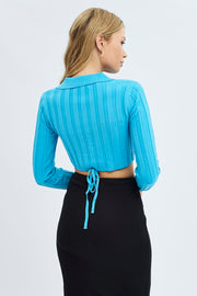 Blue Knit Top Long Sleeve Crop Collared