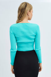 Green Knit Top Long Sleeve Crop Ruched