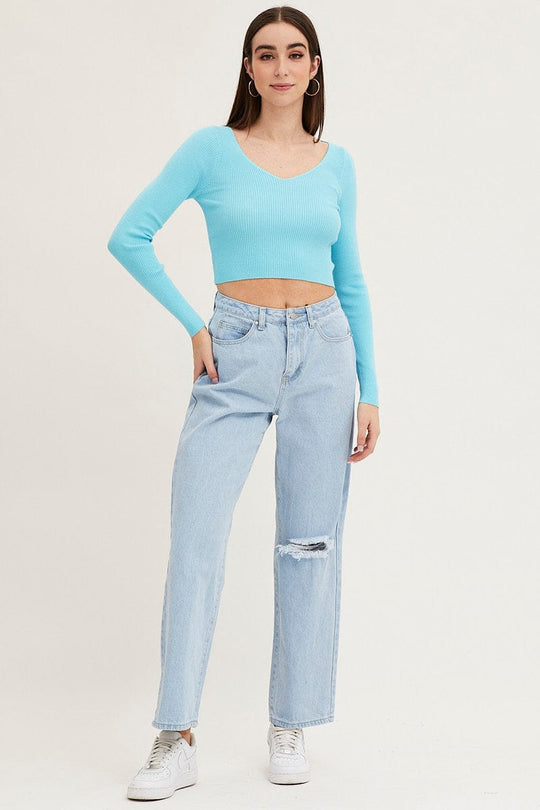 Blue Knit Top Long Sleeve Crop V-Neck