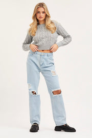 Grey Knit Top Long Sleeve Round Neck Cable