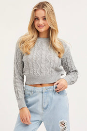 Grey Knit Top Long Sleeve Round Neck Cable