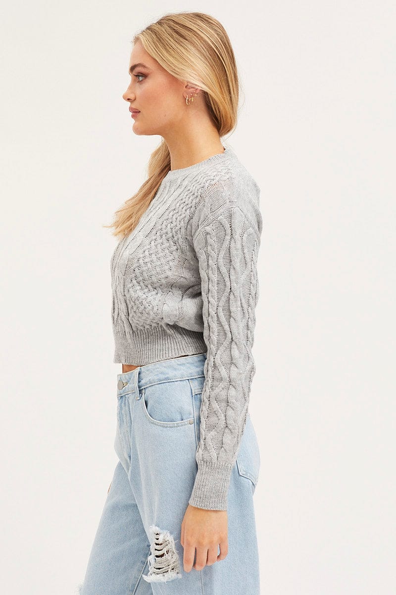 Grey Knit Top Long Sleeve Round Neck Cable