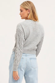 Grey Knit Top Long Sleeve Round Neck Cable