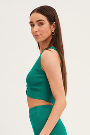 Green Knit Top Crop Sleeveless V-Neck
