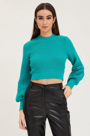 Green Knit Top Long Sleeve Crop Round Neck