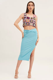 Multi Crochet Top Crop Square Neck
