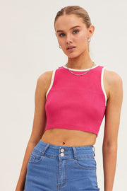 Pink Knit Top Crop Sleeveless Round Neck
