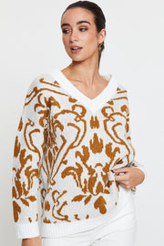 Print Knit Top Long Sleeve V-Neck