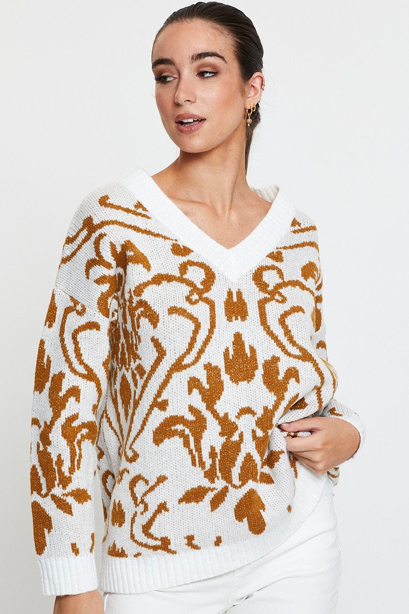 Print Knit Top Long Sleeve V-Neck