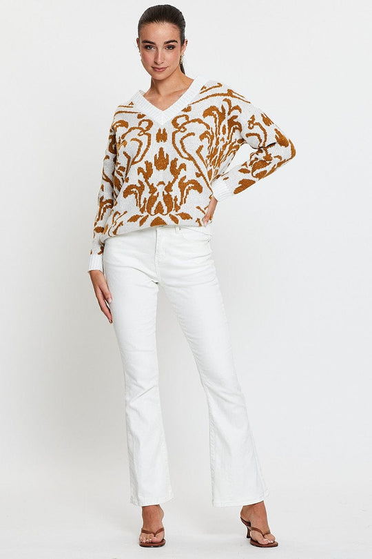 Print Knit Top Long Sleeve V-Neck