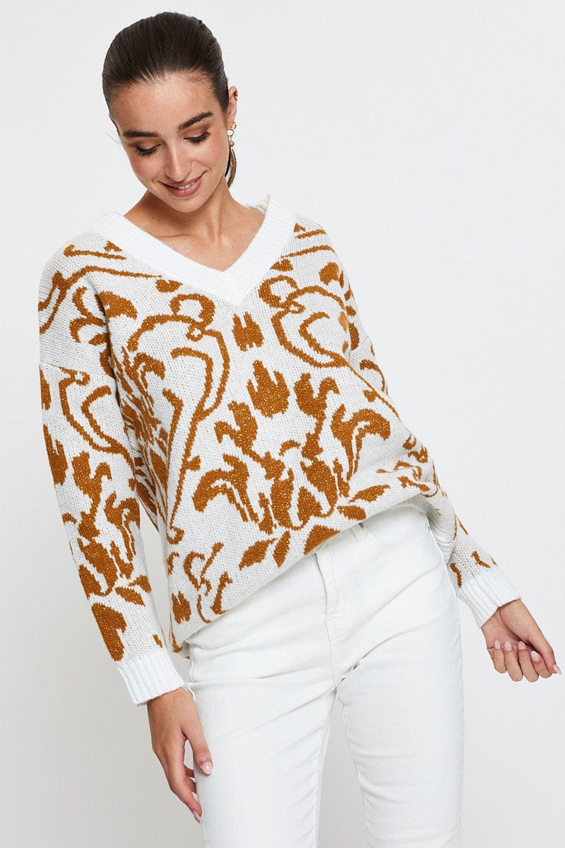 Print Knit Top Long Sleeve V-Neck