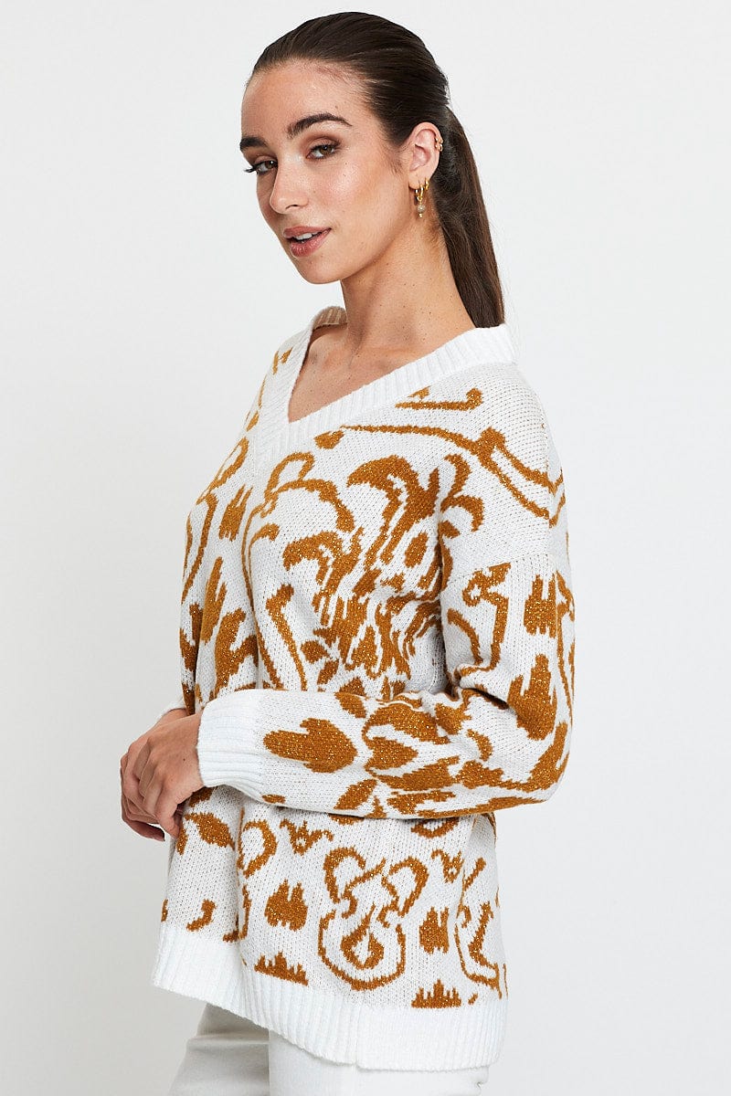 Print Knit Top Long Sleeve V-Neck