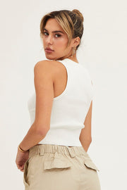 White Knit Top Sleeveless Crop Round Neck