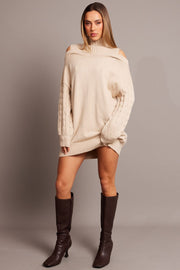 Beige Knit Dress High Neck Jumper Mini