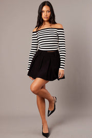 White Stripe Knit Top Long Sleeve Off Shoulder