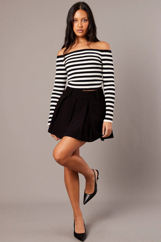 White Stripe Knit Top Long Sleeve Off Shoulder