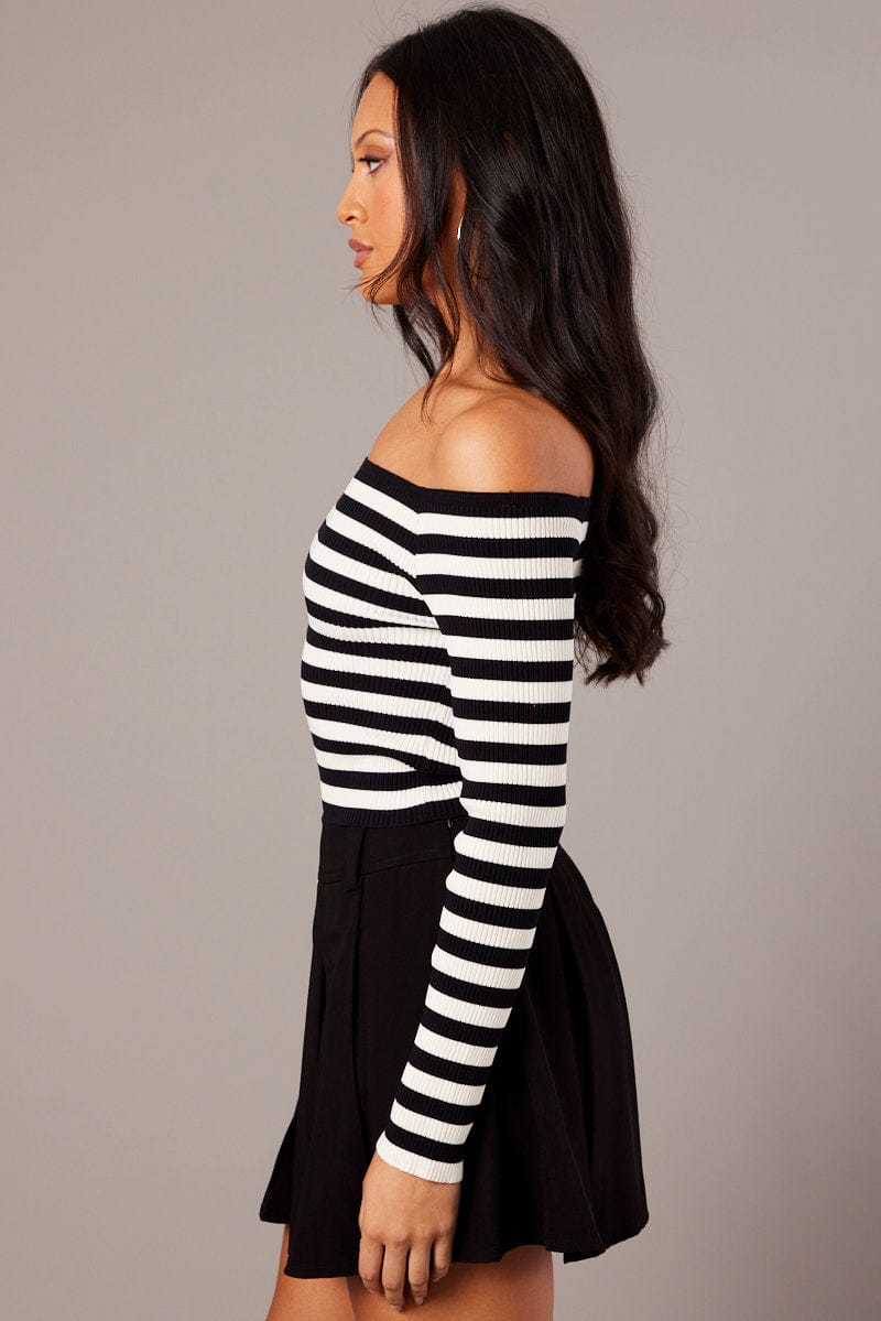 White Stripe Knit Top Long Sleeve Off Shoulder