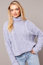 Blue Cable Knit Jumper High Neck