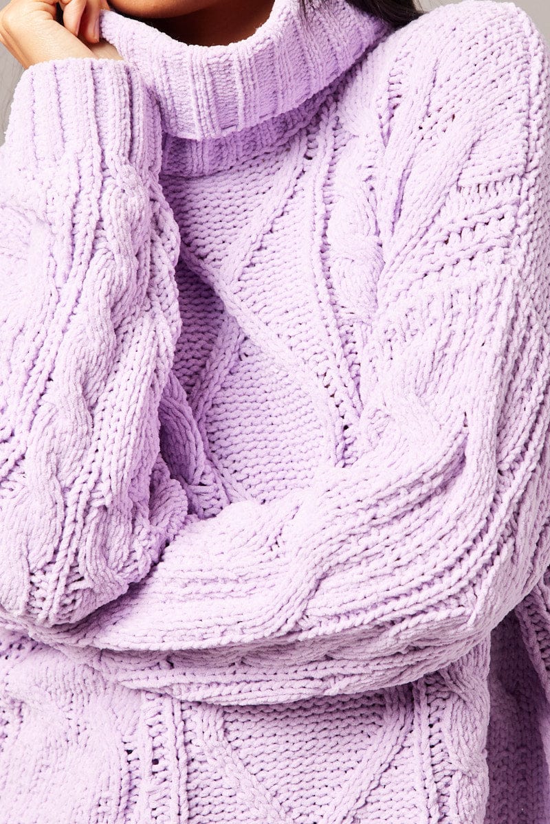 Purple Cable Knit Jumper High Neck