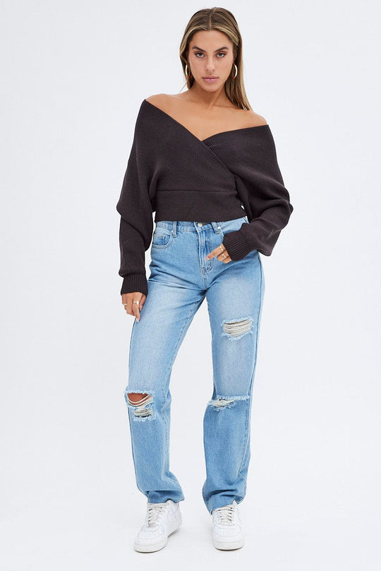 Brown Knit Top Long Sleeve Cross Over