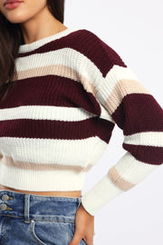 Red Stripe Knit Top Long Sleeve Color Block
