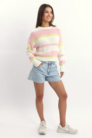 Yellow Stripe Knit Top Long Sleeve Color Block
