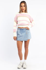Pink Stripe Knit Top Long Sleeve Color Block