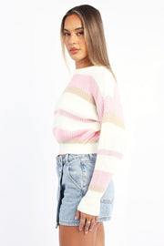 Pink Stripe Knit Top Long Sleeve Color Block