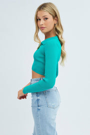 Green Knit Top Long Sleeve Crop Collared