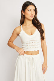 White Crochet Top Sleeveless V Neck Crop Knitted
