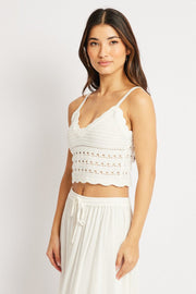 White Crochet Top Sleeveless V Neck Crop Knitted