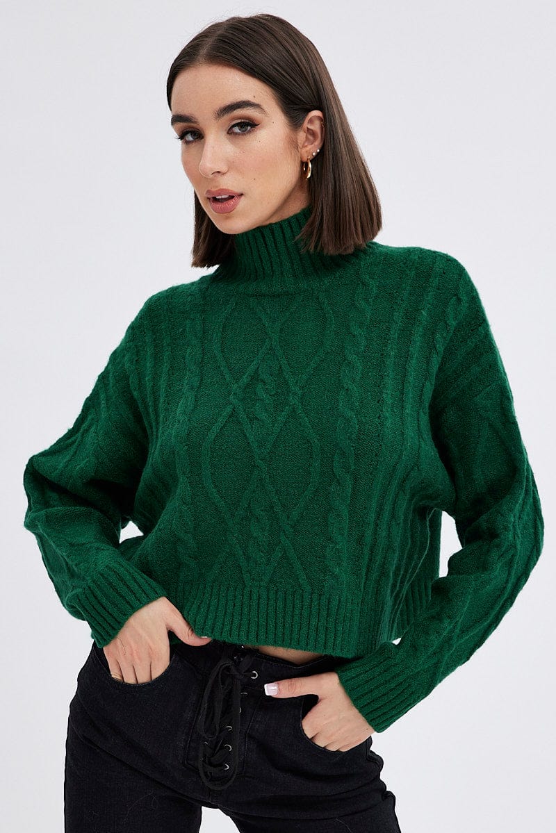 Green Cable Knit Jumper High neck