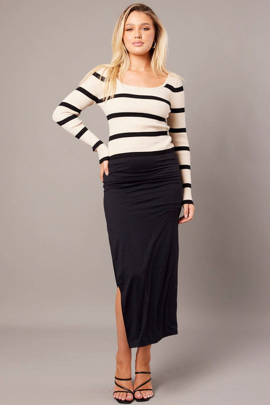 Beige Stripe Knit Top Long Sleeve Scoop Neck