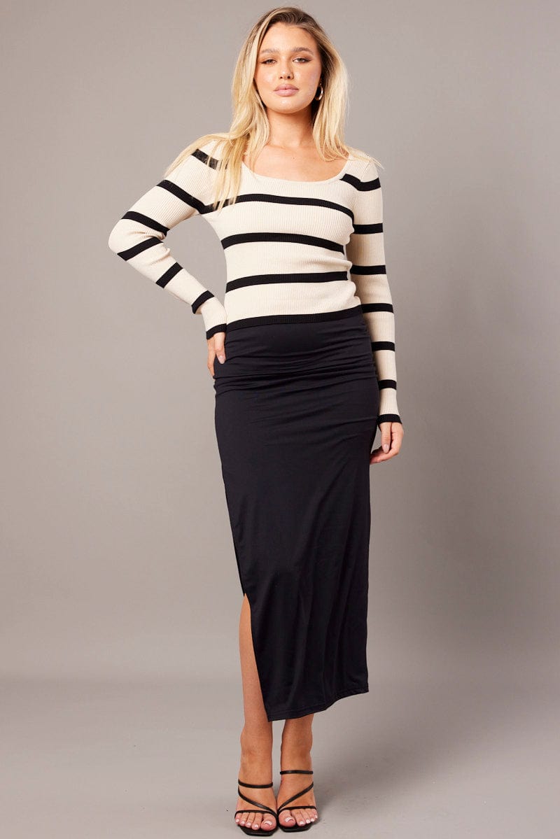 Beige Stripe Knit Top Long Sleeve Scoop Neck