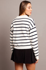 White Stripe Knit Top Long Sleeve Collar