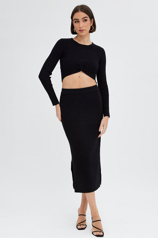 Black Knit Top Long Sleeve Front Knot Detail Crop