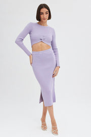Purple Knit Top Long Sleeve Front Knot Detail Crop