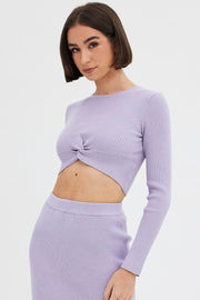 Purple Knit Top Long Sleeve Front Knot Detail Crop