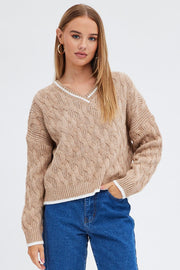 Beige Sweater Long sleeve V neck