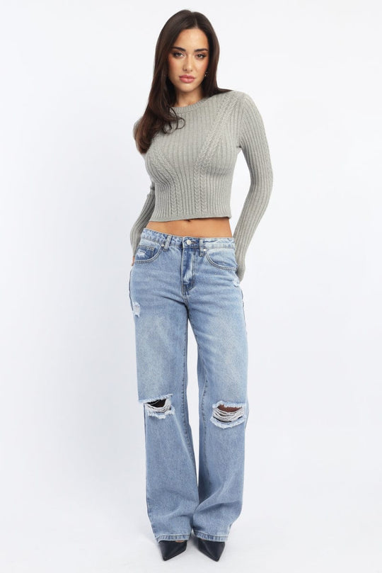 Grey Cable Knit Top Long Sleeve