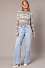 Grey Stripe Knit Top Long Sleeve High Neck