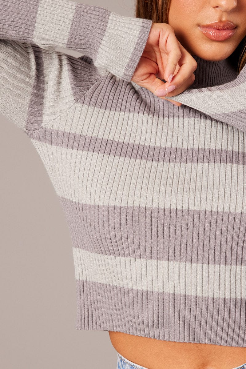 Grey Stripe Knit Top Long Sleeve High Neck