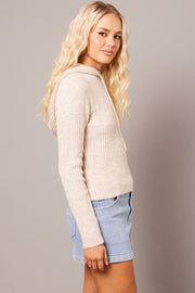Beige Knit Top Long Sleeve Hoodie