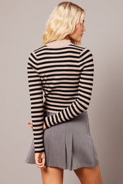 Beige Stripe Knit Top Long Sleeve Funnel Neck