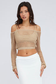 Beige Crochet Knit Top Long Sleeve Square Neck