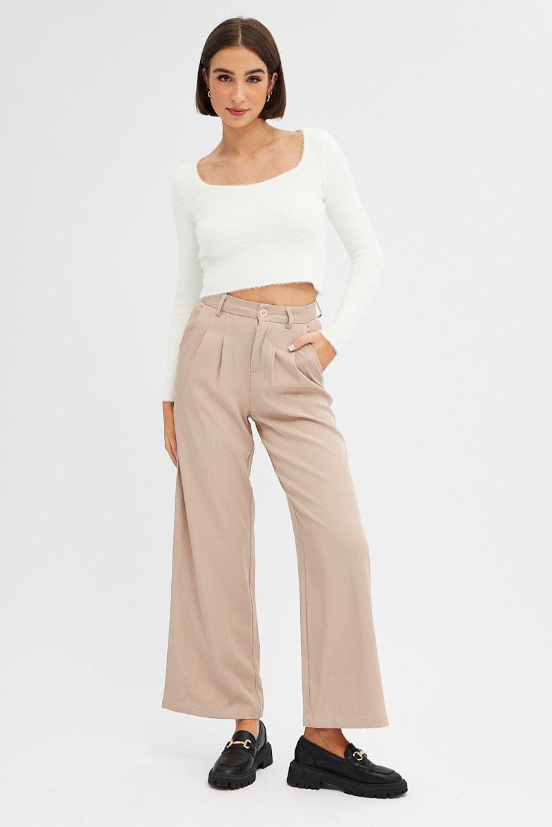 White Knit Top Long Sleeve Square Neck