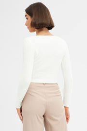 White Knit Top Long Sleeve Square Neck
